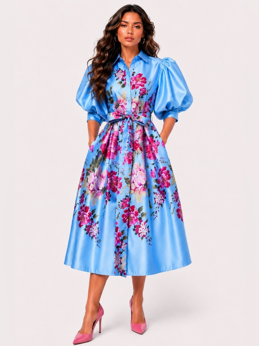 New🌺 Nancy Yang Sky Blue Satin Midi Dress  Button Front Puff Sleeves Pockets L